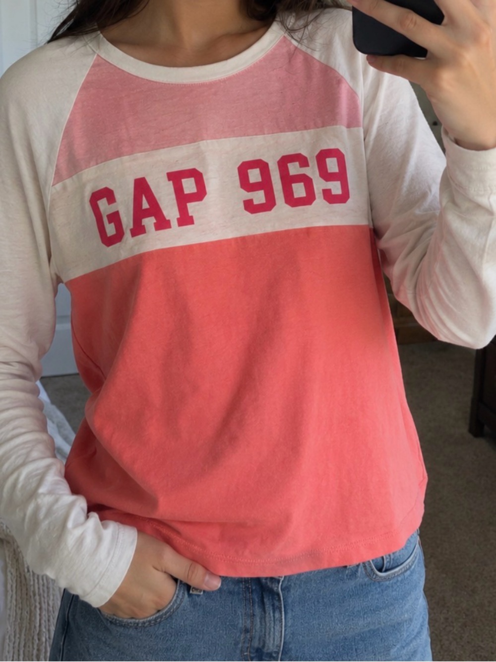 GAP Pink, Coral & White Colorblock Raglan Tee